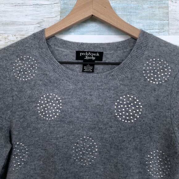Peck & Peck Luxury Pure Cashmere Sweater Gray Sequin Circles 2 Ply Womens Small - Picture 2 of 5